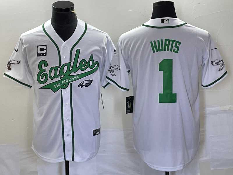 Mens Philadelphia Eagles #1 Jalen Hurts White C Patch Cool Base Stitched Baseball Jersey1